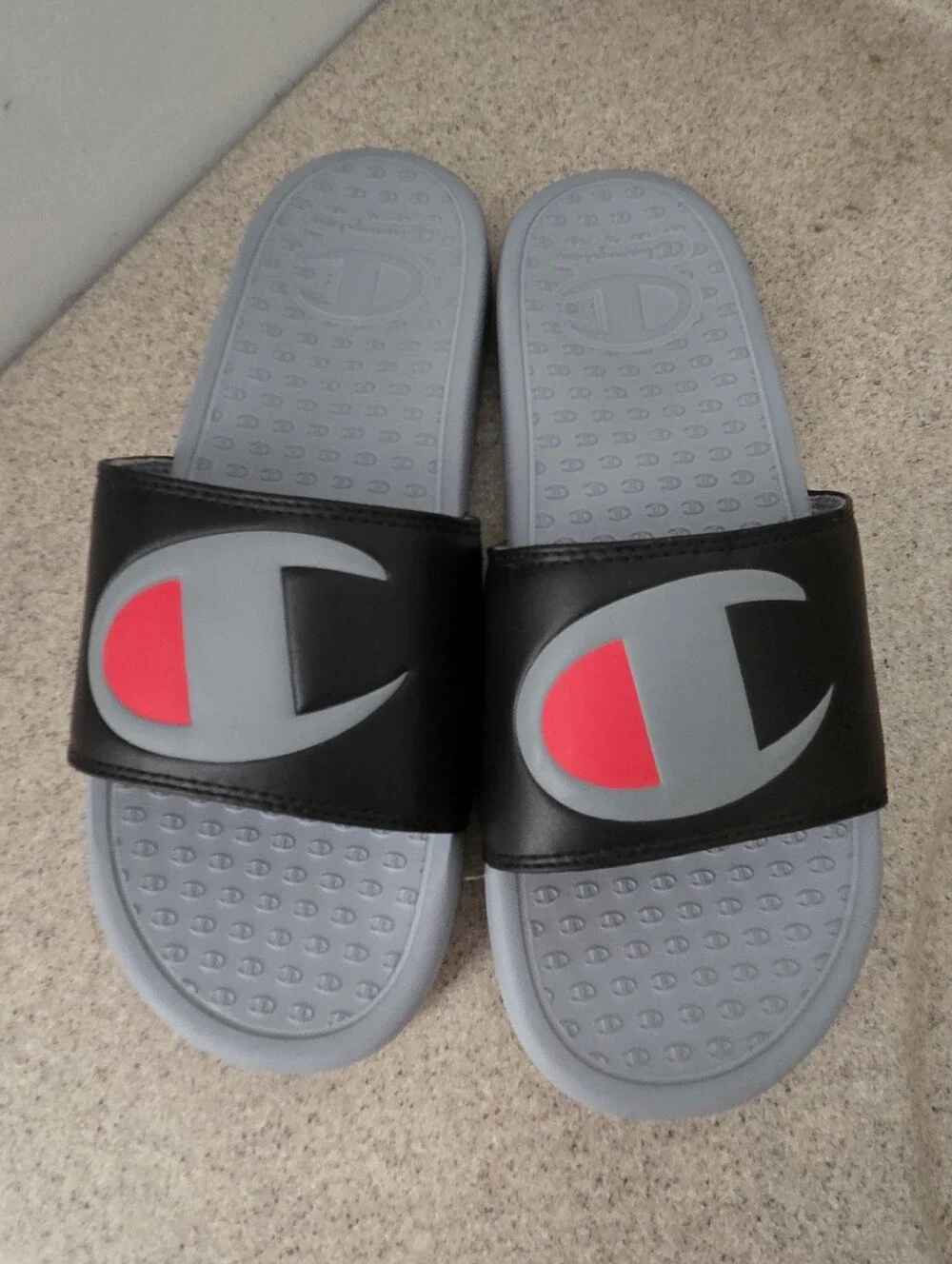 Champion IPO Men Large Logo Slides Sandals Flip Flops Size 8 Black White New